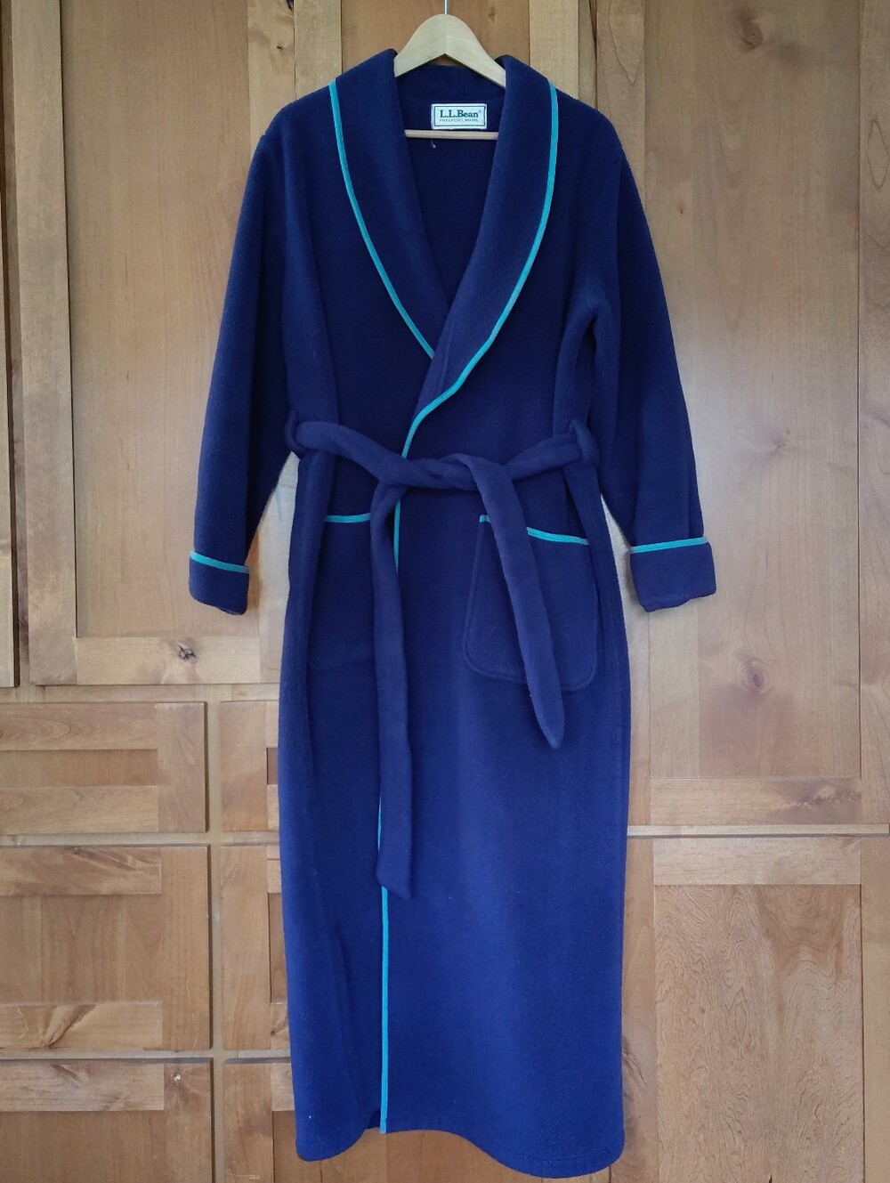 L.L. Bean Vintage Women’s Fleece Robe Long Navy, Teal Trim Sz Large Regular